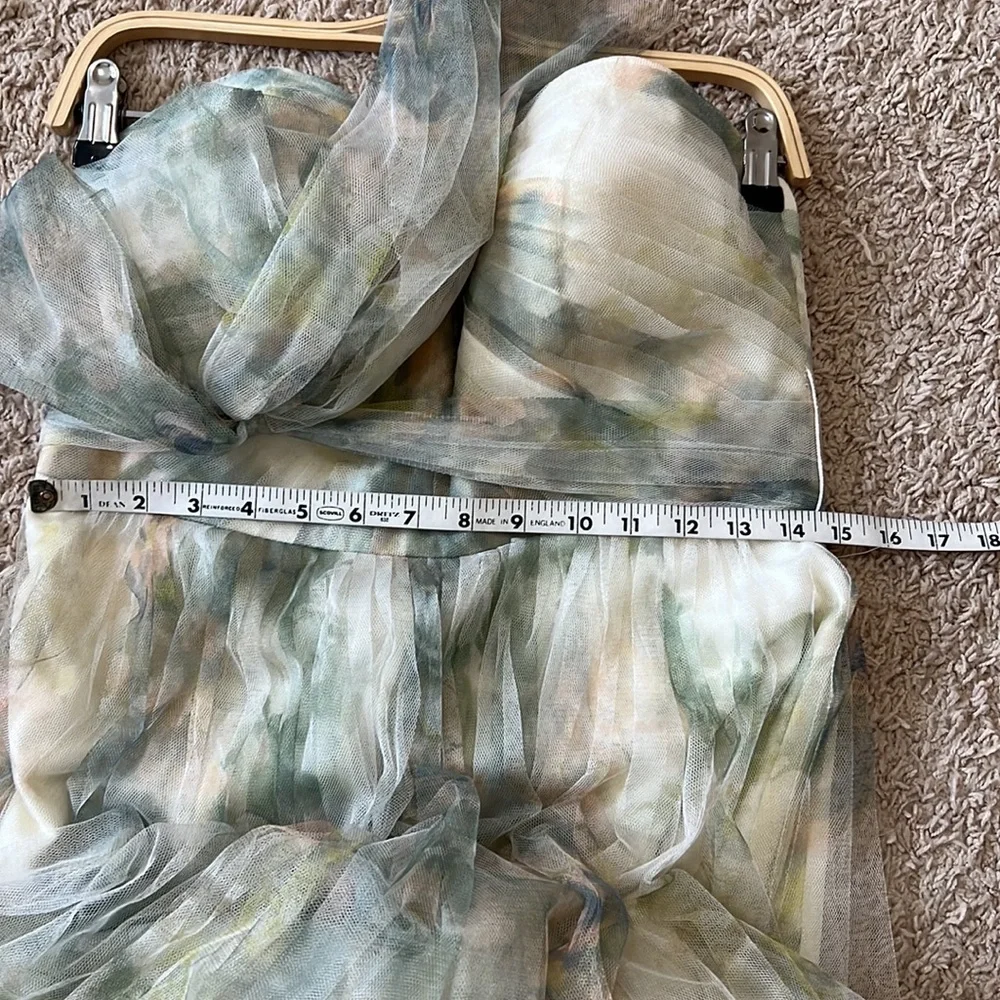 Jenny‎ Yoo Ivory Sage Maia Printed Tulle Sweetheart Strapless Dress Women Medium